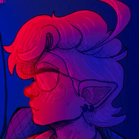 A digital drawing of the artist, Ned, looking to the left. Colored with pink, purple, and blue in a gradient format. Ned is wearing glasses, has fluffy short hair, and pointy ears donned with earrings.